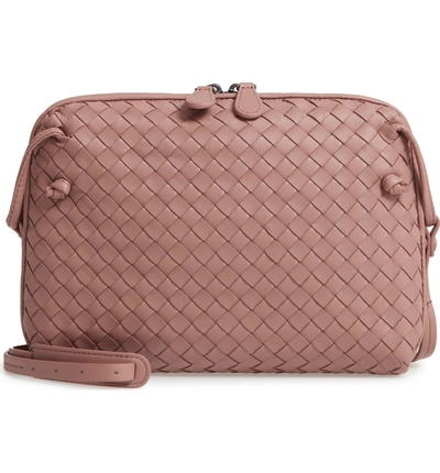 Shop Bottega Veneta Nodini Woven Leather Crossbody Bag - Pink In Dark Rose/ Brunito
