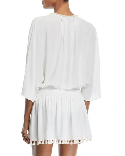 Shop Ramy Brook Katana 3/4-sleeve Fringe Coverup Dress In White