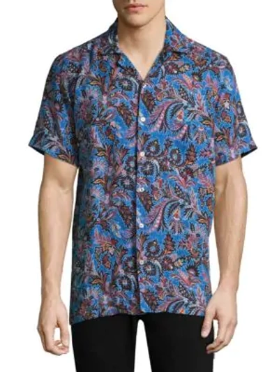 Shop Etro Floral Paisley Linen Button-down Shirt In Blue