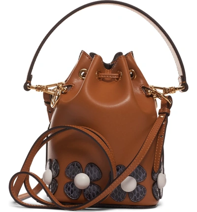 Shop Fendi Mon Tresor Embellished Leather Bucket Bag In Caramel