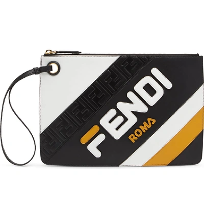 Shop Fendi X Fila Medium Mania Logo Leather Clutch - Yellow In Yellow/ Nero Multi