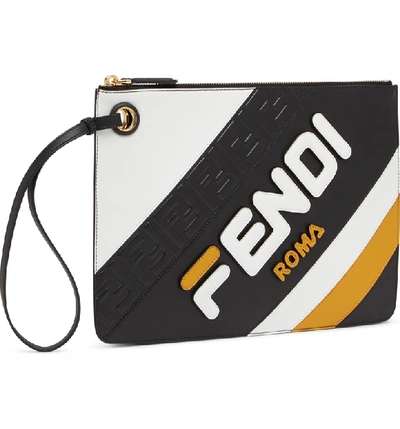 Shop Fendi X Fila Medium Mania Logo Leather Clutch - Yellow In Yellow/ Nero Multi