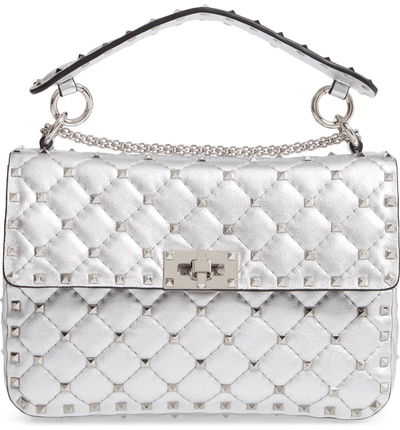 Shop Valentino Medium Rockstud Leather Shoulder Bag In Silver