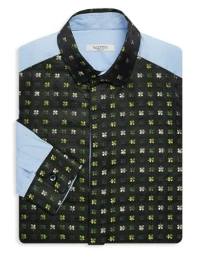 Shop Valentino Leaf Print Dress Shirt In Sky Blue