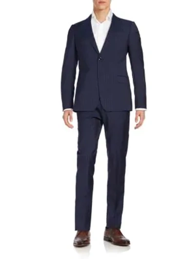 Shop Armani Collezioni Two-button Striped Wool Suit In Navy