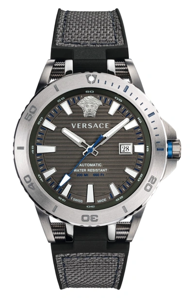 Shop Versace Sport Tech Diver Automatic Textile Strap Watch, 45mm In Black/ Gunmetal/ Silver