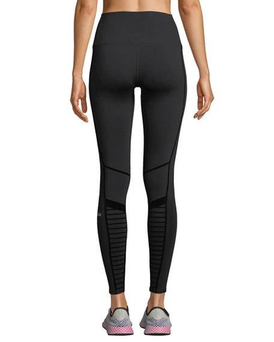 Shop Alo Yoga Flocked High-waist Moto Leggings In Black