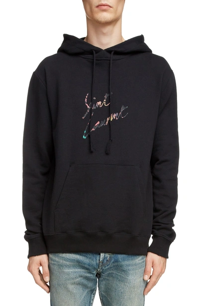 Shop Saint Laurent Destroyed Logo Hoodie In Black Multi