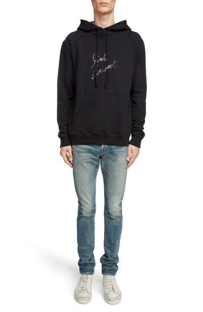 Shop Saint Laurent Destroyed Logo Hoodie In Black Multi