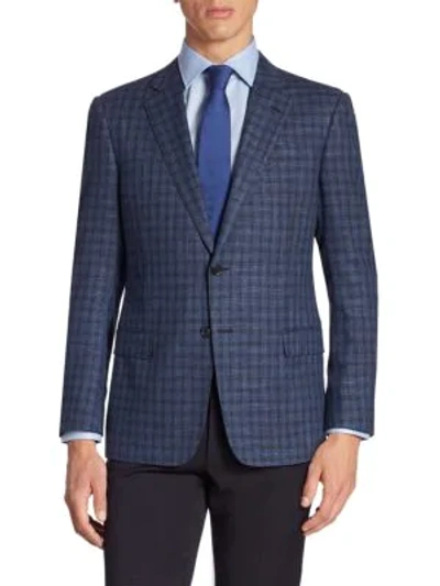 Shop Giorgio Armani Plaid Wool Blend Jacket In Solid Blue