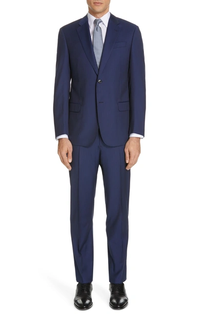 Shop Emporio Armani Trim Fit Stripe Wool Suit In Solid Medium Blue