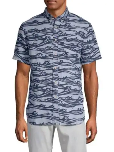 Shop Surfsidesupply Wave-print Linen Button-down Shirt In Dusty Blue