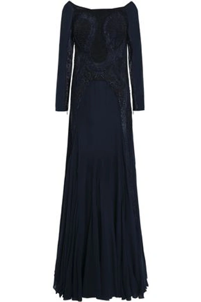Shop Roberto Cavalli Woman Embellished Silk-blend Georgette Gown Navy