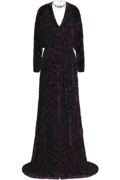 Shop Roberto Cavalli Belted Devoré-velvet Maxi Dress In Dark Purple