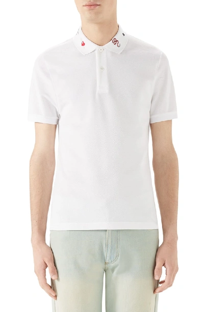 Shop Gucci Embroidered Collar Pique Polo In White