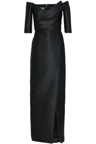 Shop Monique Lhuillier Off-the-shoulder Ruched Satin Gown In Black