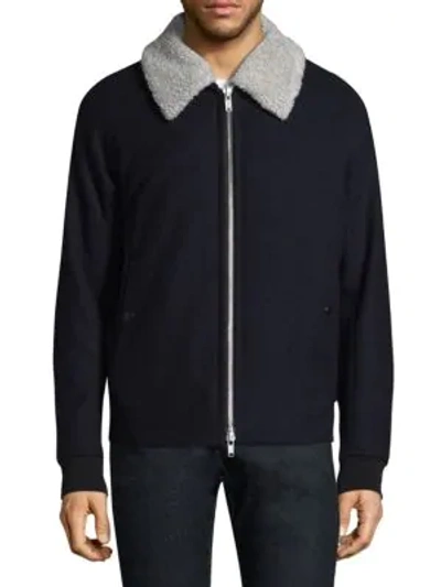 Shop Theory Soft Melton Wool-blend & Faux Shearling Bomber In Eclipse