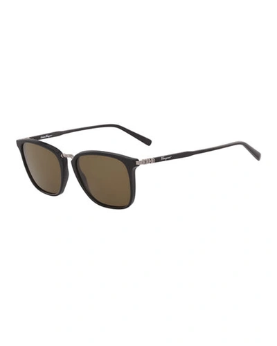 Shop Ferragamo Men's Timeless Metal-bridge Sunglasses In Black