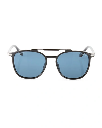 Shop Ferragamo Men's Polarized Double-bridge Square Sunglasses In Black