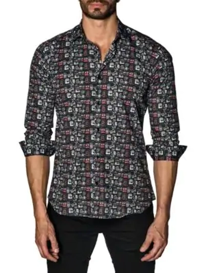 Shop Jared Lang Graphic Cotton Button-down Shirt In Black