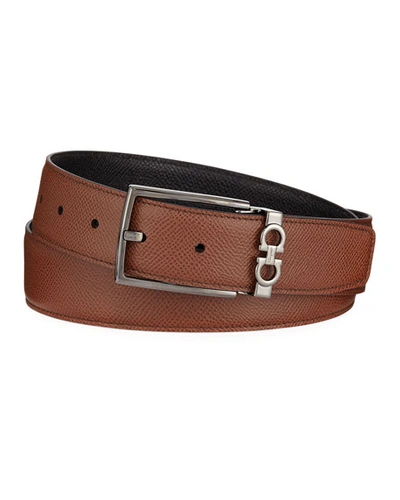 Shop Ferragamo Men's Textured Leather Belt With Gancini Detail In Beige