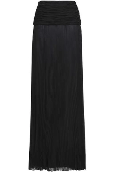 Shop Roberto Cavalli Ruched Pleated Silk-voile Maxi Skirt In Black