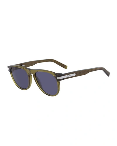 Shop Ferragamo Men's Classic Thick-frame Acetate Sunglasses In Khaki