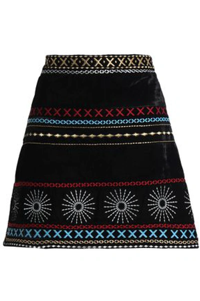 Shop Dodo Bar Or Woman Metallic Embroidered Velvet Mini Skirt Black