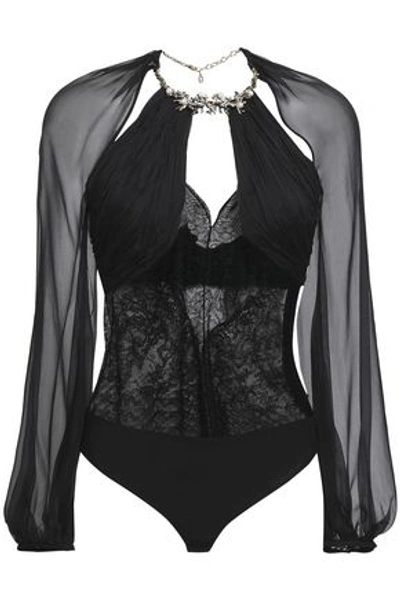 Shop Roberto Cavalli Woman Embellished Cutout Silk-voile And Lace Bodysuit Black
