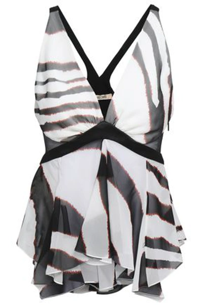 Shop Roberto Cavalli Woman Satin And Mesh-trimmed Printed Silk-blend Georgette Top Off-white