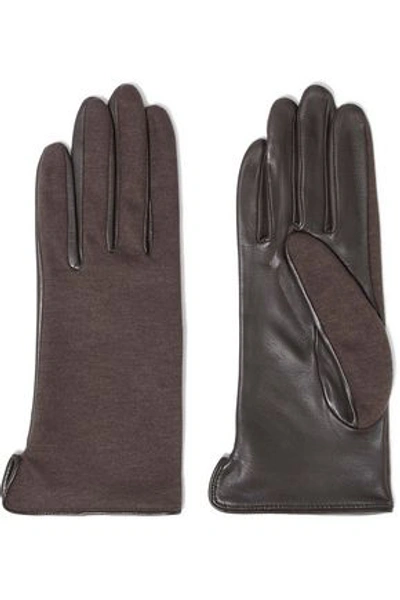 Shop Agnelle Woman Cotton-jersey And Leather Gloves Chocolate