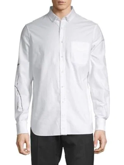 Shop Valentino Graphic Sleeve Cotton Button-down Shirt In White