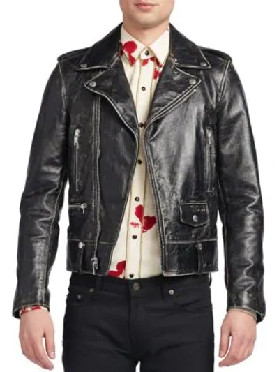 Shop Saint Laurent Distressed Leather Jacket In Black