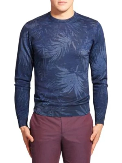 Shop Etro Leaf Print Wool-blend Sweater In Navy