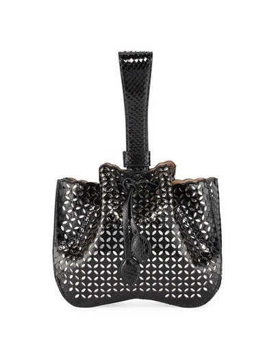 Shop Alaïa Rose Marie Small Python Wristlet Bucket Bag In Black/silver