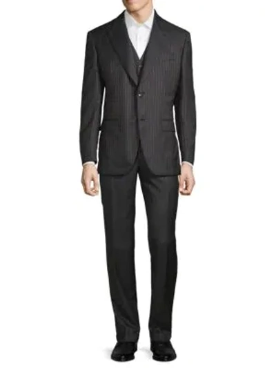 Shop Brioni Metallic Pinstripe 3-piece Suit In Black