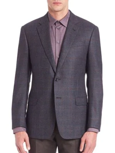 Shop Armani Collezioni Checkered Wool Jacket In Navy