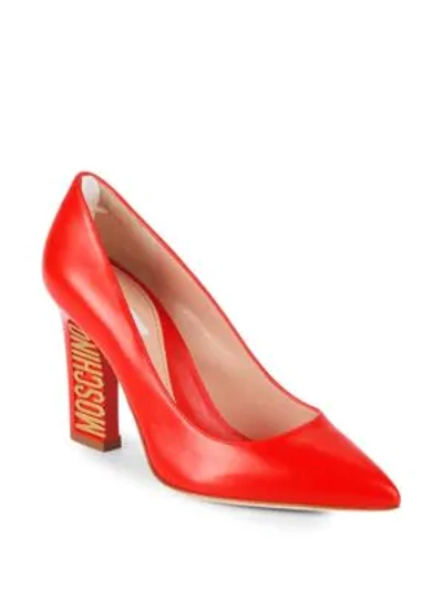 Shop Moschino Logo Heel Leather Pumps In Red