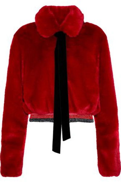 Shop Ainea Woman Cropped Metallic-trimmed Faux Fur Jacket Red