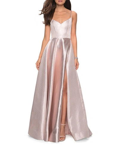 Shop La Femme Metallic Sweetheart Sleeveless Ball Gown With High Slit In Champagne