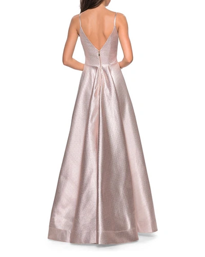 Shop La Femme Metallic Sweetheart Sleeveless Ball Gown With High Slit In Champagne