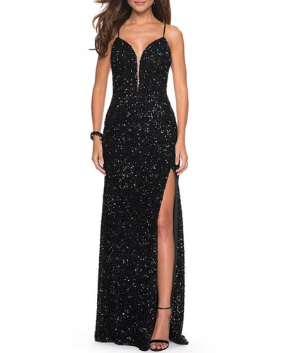 Shop La Femme Sequin Plunge-neck Strappy-back Column Gown In Black