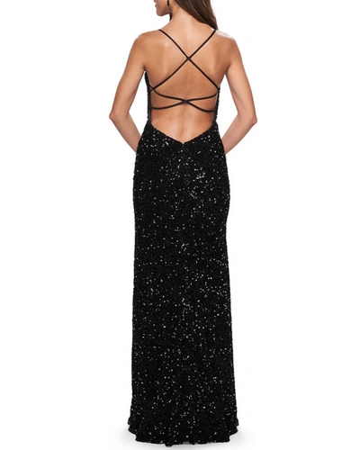 Shop La Femme Sequin Plunge-neck Strappy-back Column Gown In Black