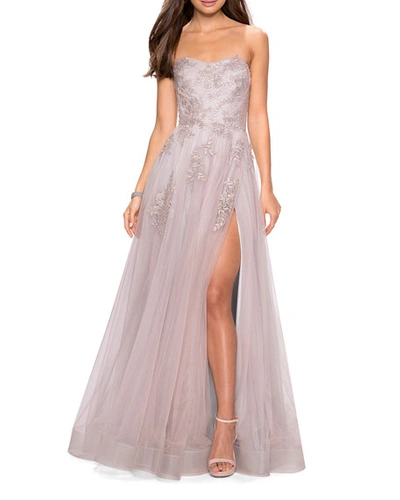 Shop La Femme Strapless Tulle Gown With Floral Appliques & High Skirt Slit In Mauve/silver