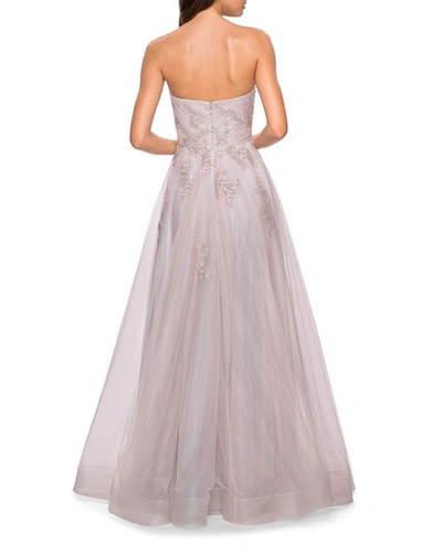 Shop La Femme Strapless Tulle Gown With Floral Appliques & High Skirt Slit In Mauve/silver