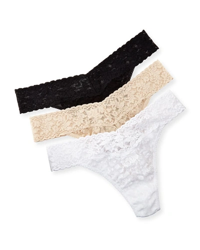 Shop Hanky Panky Three-pack Original-rise Signature Lace Thong In Black-white-chai