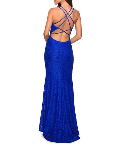 Shop La Femme Halter-neck Strappy-back Stretch Lace Gown With Sequins In Electric Blue