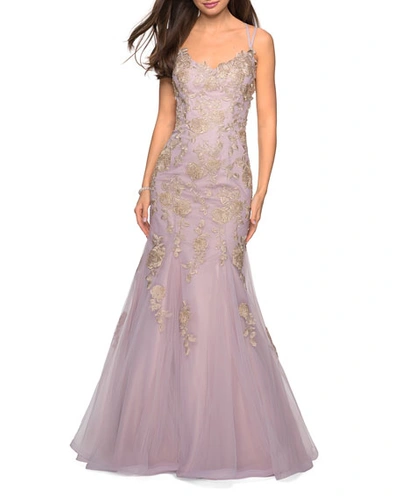 Shop La Femme Sleeveless Golden Lace Applique Mermaid Gown With Strappy-back In Mauve Gold