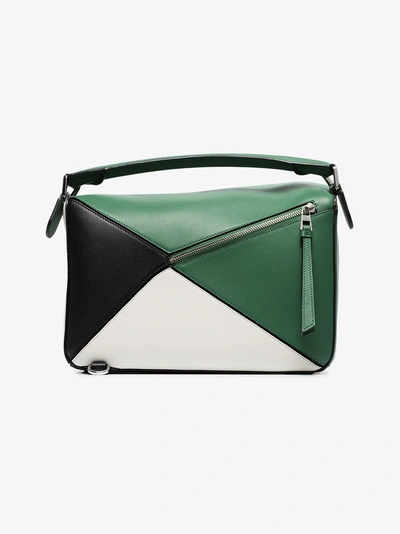 Shop Loewe Green, White And Black Puzzle Leather Shoulder Bag