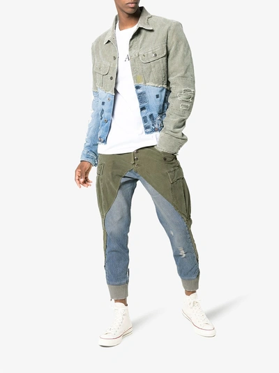 Shop Greg Lauren Denim Panel Distressed Cotton Trousers In Blue